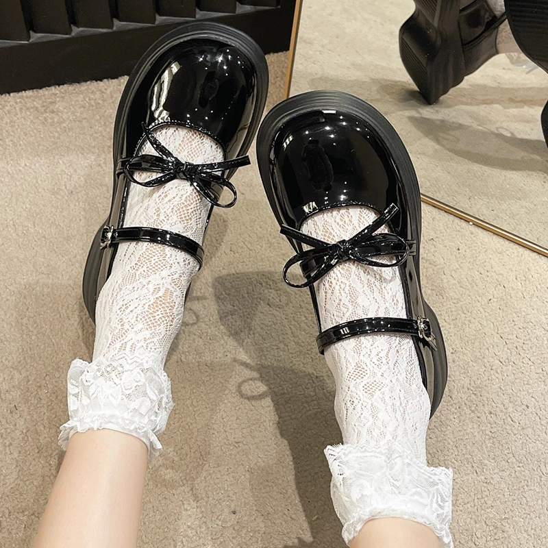 Black Chunky Platform Mary Jane Shoes for Women 2023 Autumn Patent Leather Pumps Woman Thick Bottom Bowknot Lolita Shoes Ladies