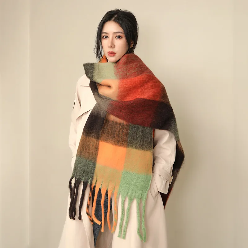 2022 New Cashmere Scarves Winter Thick Women‘s Pashmina Shawls Ladies Long Warm Tassel Scarf Rainbow Wrap Hairy Bufanda Foulard