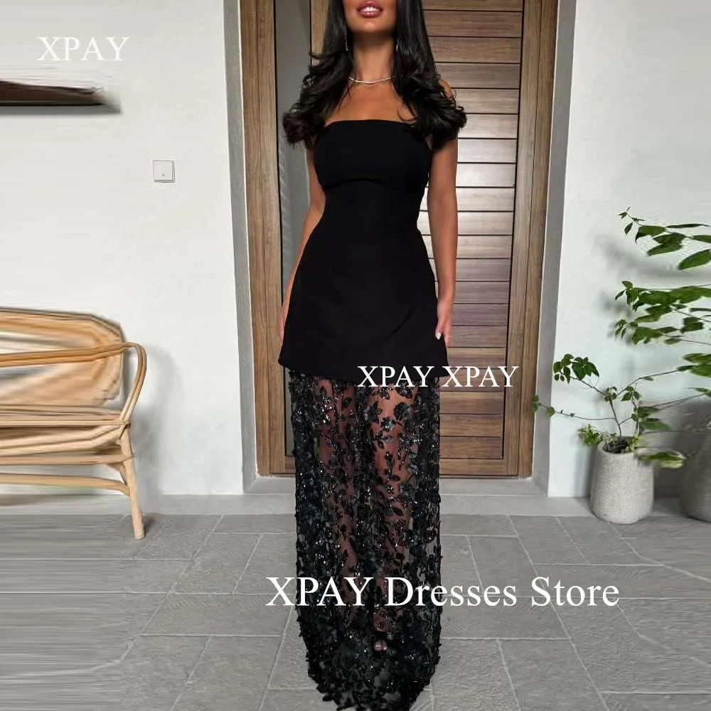 

XPAY فساتين سهرة Customized Black Formal Evening Dresses Arabic Women Strapless Lace Skirt Matte Top Strapless Special Occasion