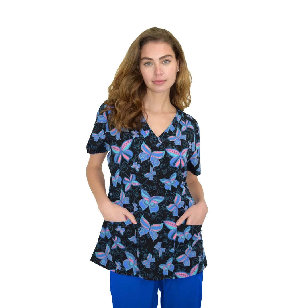 Robes chirurgicales imprimées fantaisie rétro pour femmes, gommages dentaires Micro élastiques à col en v, uniforme à manches courtes, hauts de dentiste médical pour femmes