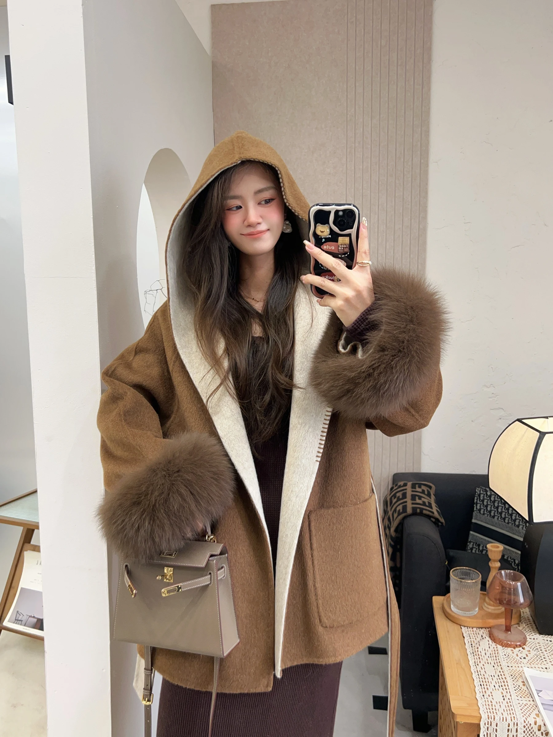 겨울 리얼 퍼 코트 여성 천연 여우털 커프스 후드 캐시미어 울 아우터 재킷 여성 양면 착용 가능