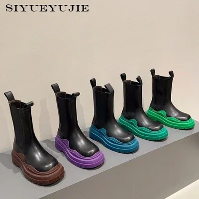 

siyueyujie Chelsea platform short boots women's Genuine Leather flat bottom velvet British style Thick heel Ankle boots women‘s