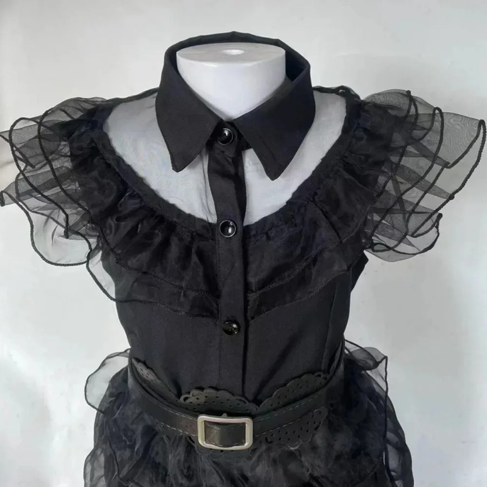 WedAddams-Costume Cosplay pour Femmes, Robe Noire, Perruque, Ensemble Complet, Enfants, Bol, Py Play, Robe Gothique Trempée, Halloween, ixde Carnaval