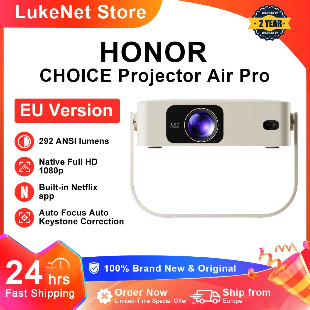 HONOR CHOICE Projektor Air Pro Tragbarer Projektor mit integriertem Netflix, 292 ANSI Lumen, nativer 1080P FHD, Autofokus & automatische Trapezkorrektur, Wi-Fi 6, 180° ° Drehbare Halterung 0,55 kg