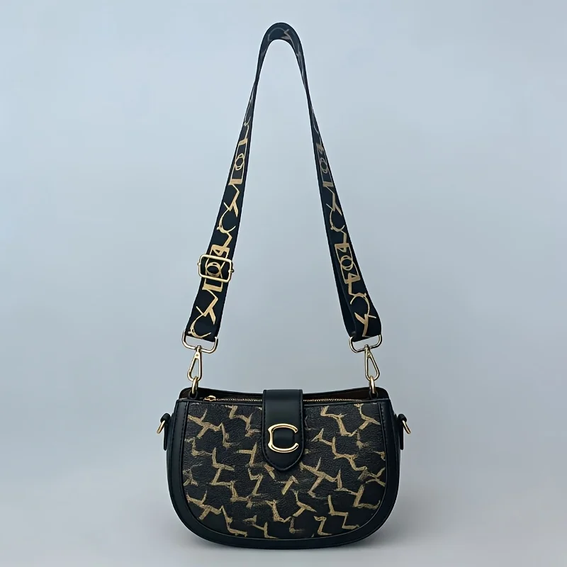 Black Adjustable Crossbody Strap Shoulder Bag Accessory with 1.5-Inch Wide Letter-Printed Strap for Women