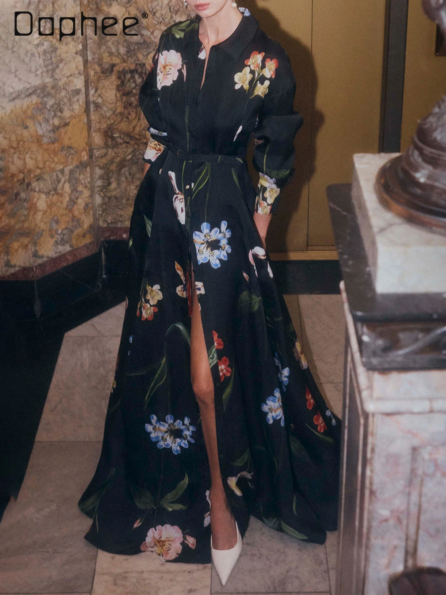 Mode Temperament einreiher Hemd Kleid für Frauen Schlank Spitze-up Große Pendel Langes Kleid High-end-schwarz Gedruckt Kleider