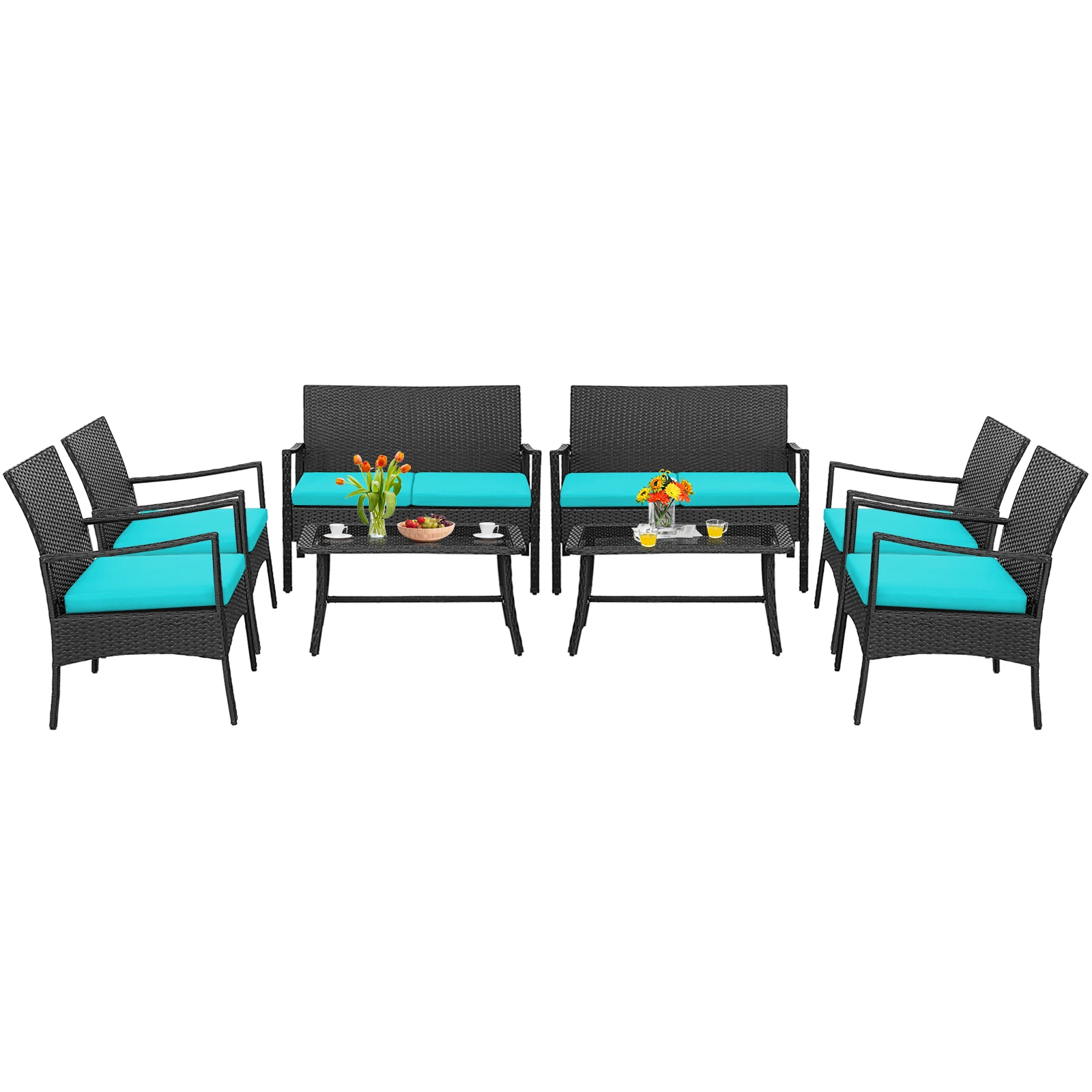 8PCS Patio Wicker Furniture Set Cushioned Chairs& Loveseat with Coffee Table Garden