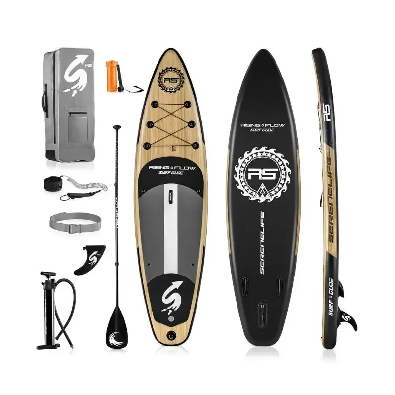 6-inch-thick SereneLife Inflatable Stand-Up Paddle Board with Premium SUP Attachments and Wooden Carry Bag
