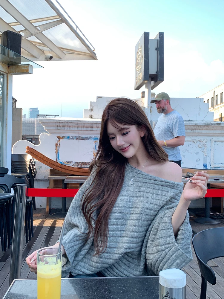 

Вязаный свитер с открытыми плечами и рукавами «летучая мышь» для женщин, свободный крой, осенне-зимний, модный, повседневный, однотонный, женский топ