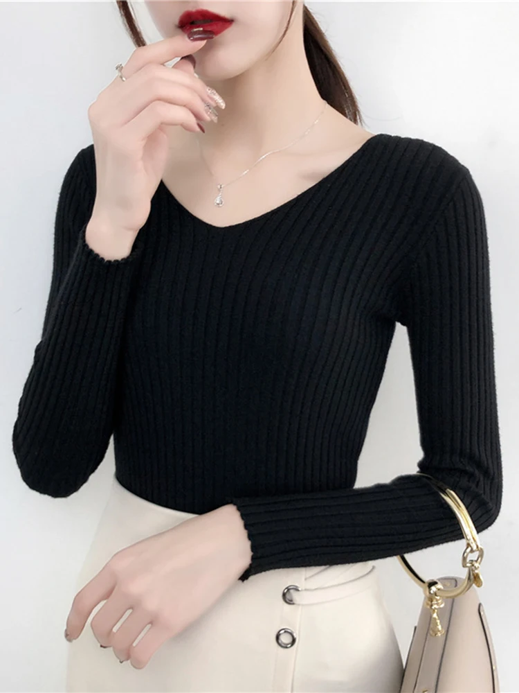 2024 V Neck Women Autumn Winter Sweaters Slim Knitted Pullovers Soft Warm Solid Jumper Female Sweater Casual Knitwear Jersey Top