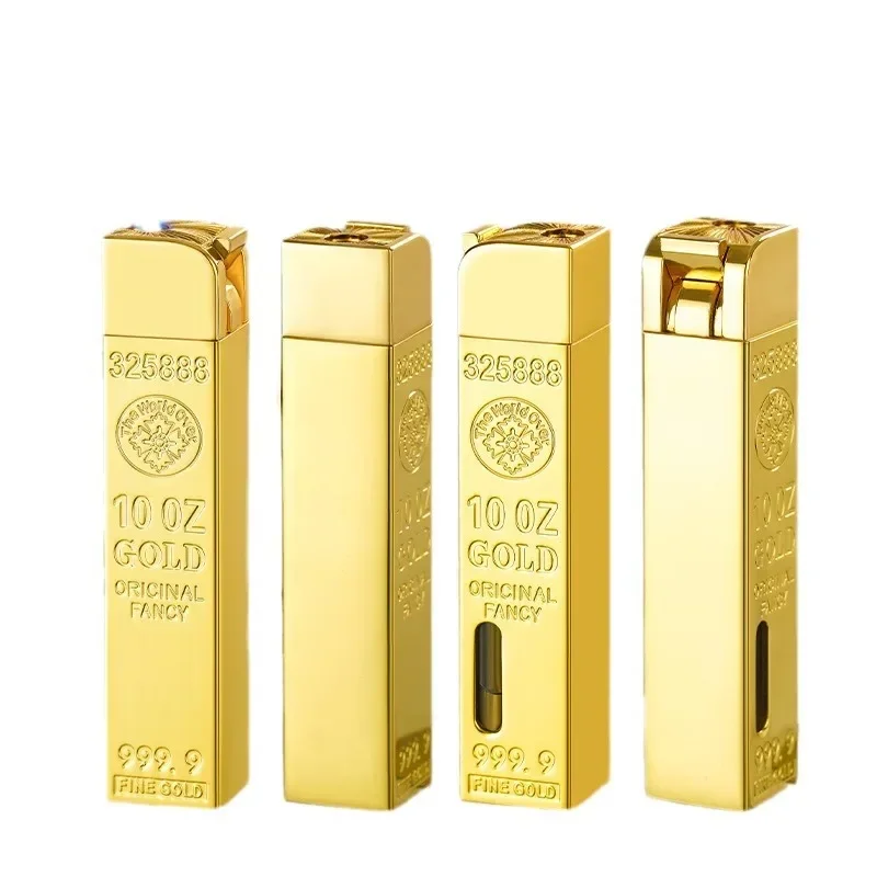 Funny Gold Bar Lighter Inflatable Butane Lighter with Transparent Gas Tank Windproof Jet Flame Torch Lighter Smoking Accessories