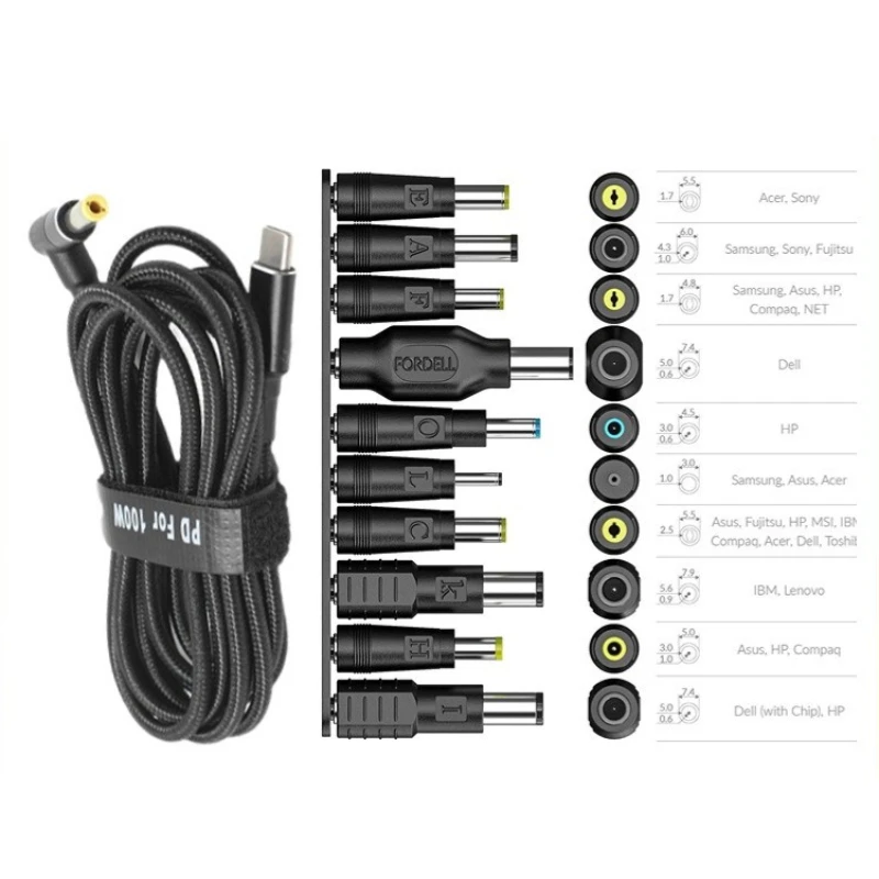 Uniwersalne końcówki adapterów zasilających Type-C na DC 100W 5A 65W 3A Zestaw adapterów 10/19 szt. — zdjęcie produktu 4