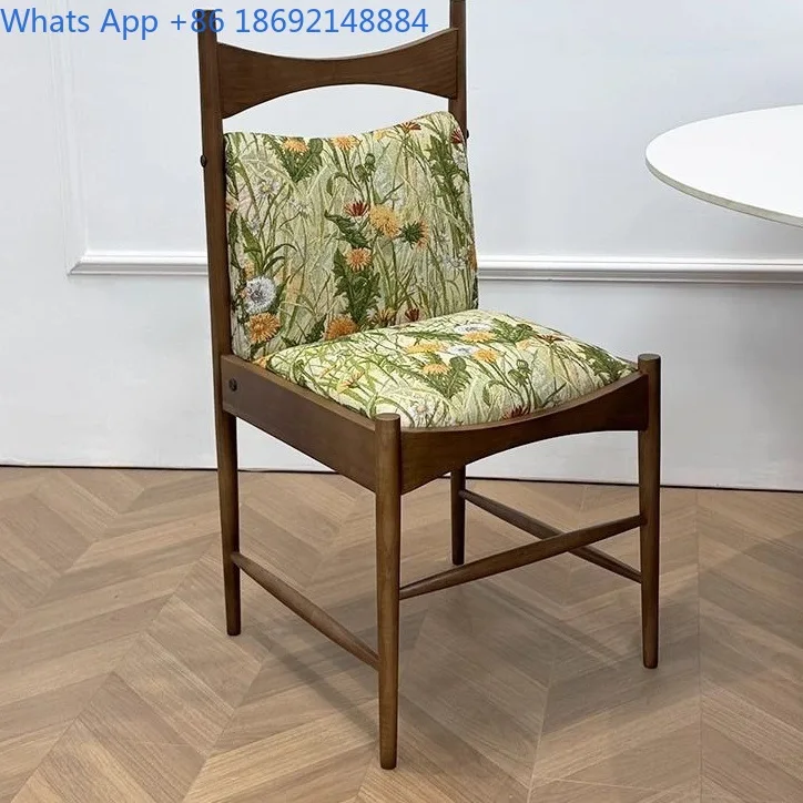 Retro Style Solid Beech Wood Dining Chair French Vintage Fabric Chair for Home Hotel  Furniture