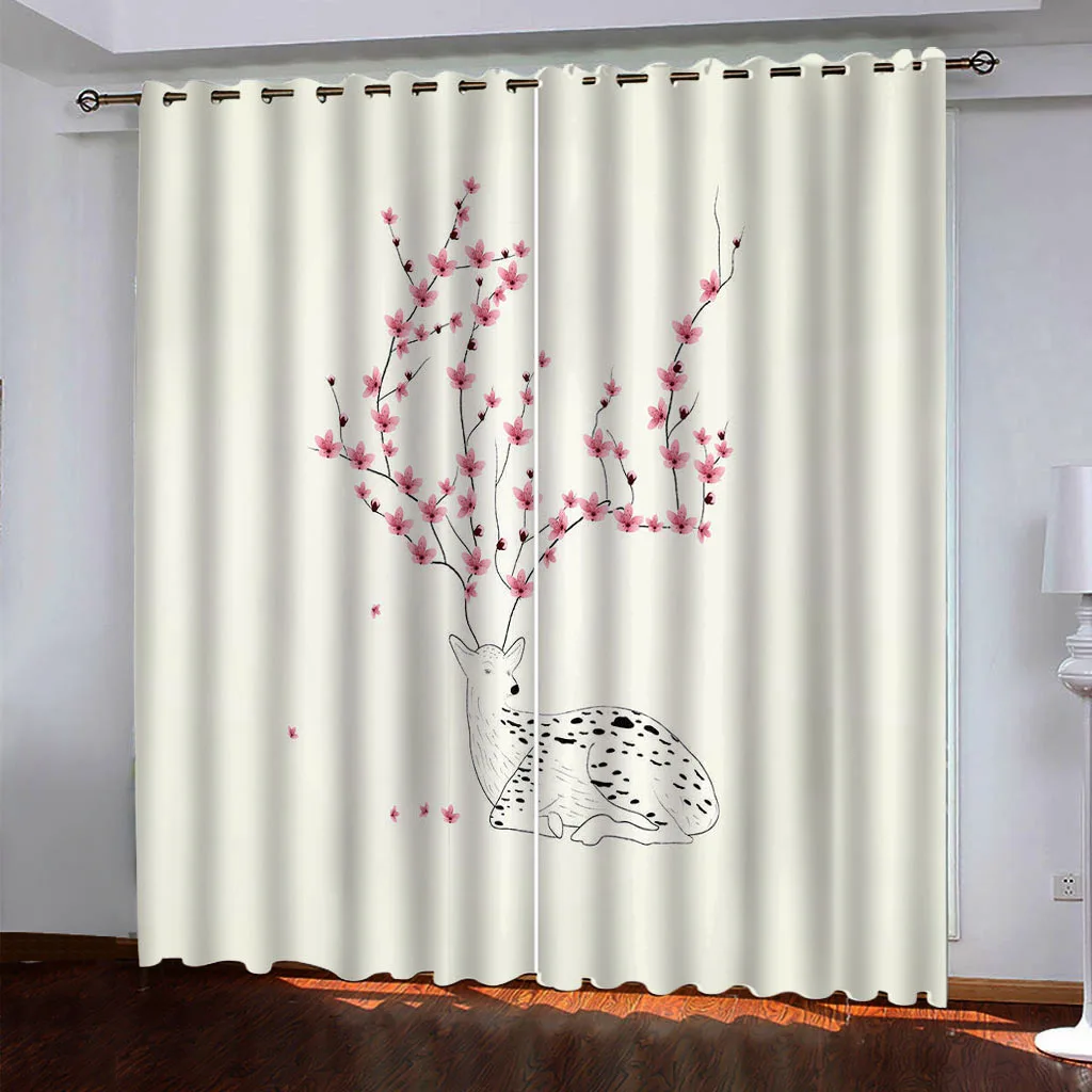 HUANZHUANG Elegant Room Curtains Abstract Sika Deer Best Selling Bohemian Style Living Room Bedroom Home Decor Curtains Free