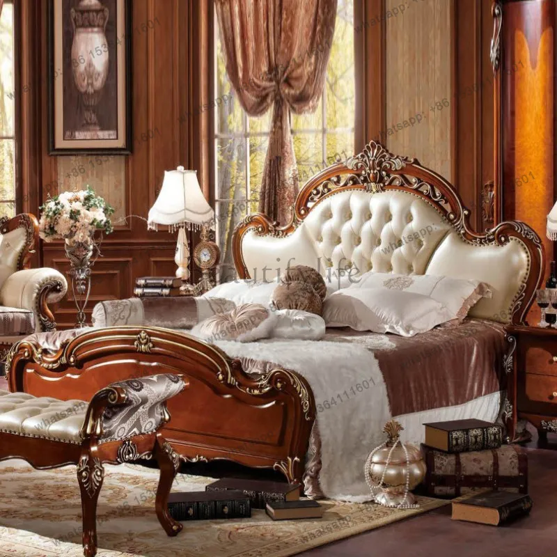 European style solid wood leather bed, American luxury wedding bed, master bedroom with a wide bed of 1.8 meters