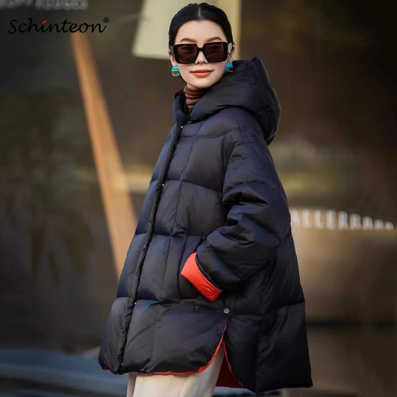 Schinteon Women Down Jacket Casual Loose Over Size Warm Autumn Winter Outwear White Duck Down with Hood Fashion Maternity Coat