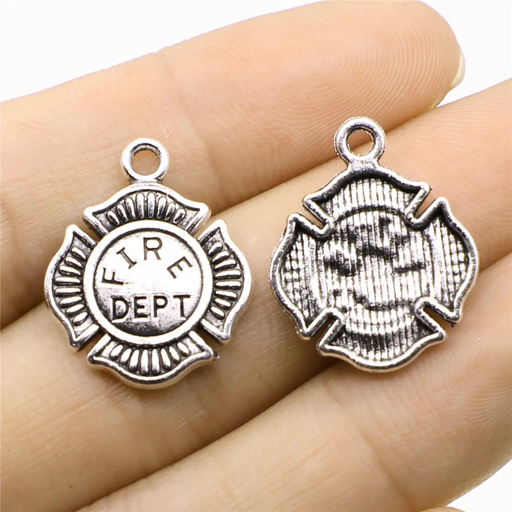 10pcs 18x22mm Antique Silver Color Fire Department Fire Dept Charms Pendant Vintage Hand Crafts Jewelry Making Accessories