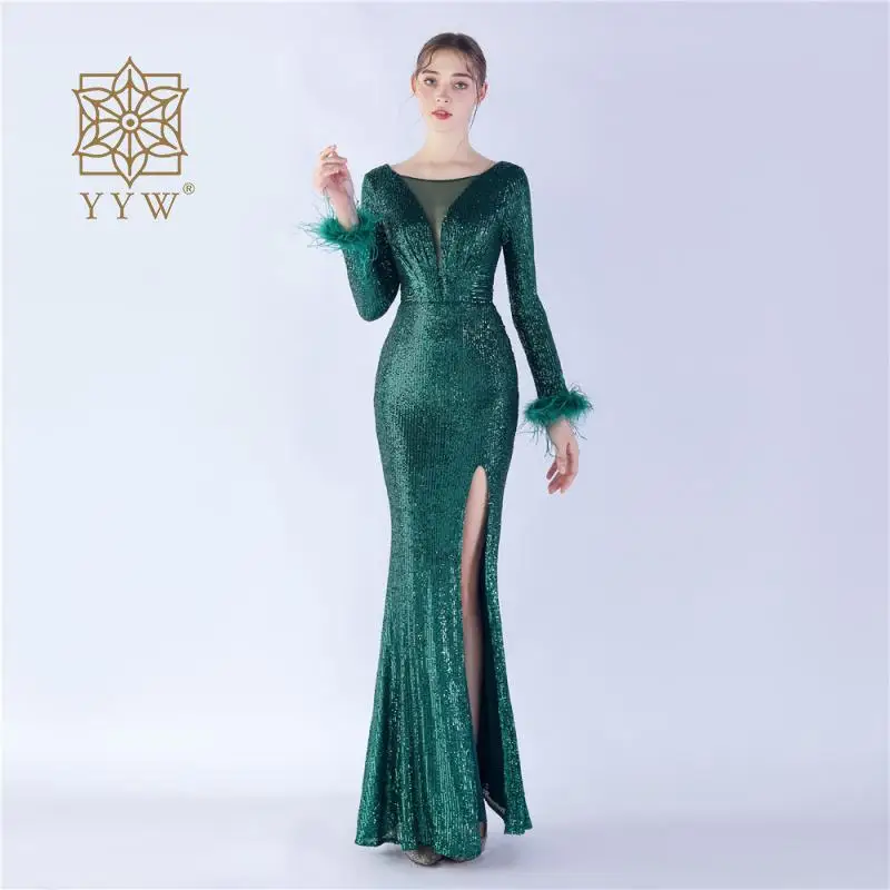 

Ladies Slim Mermaid Formal Occasion Dress Christmas Evening Women Banquet Luxury Ball Gown Sequins Side Slip Sexy Deep V Dresses