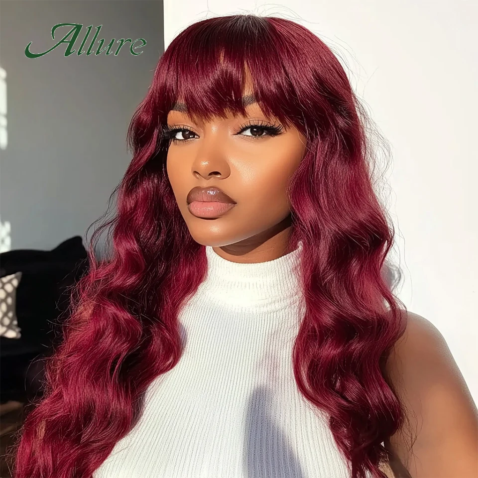 

Body Wave Human Hair Wigs for Black Women Brazilian Loose Body Wave Long Hair Wig With Bangs Burgundy Colored Hair Wig Allure