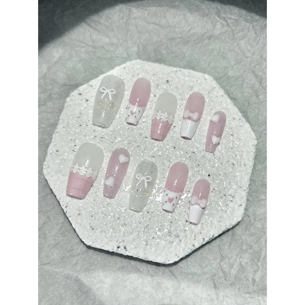 10 pcs Pink Bow Love Lace French Nail Art Pink White Cute Cherry Handmade Fake Nails Long Girl Sweet Sexy Press On Nails