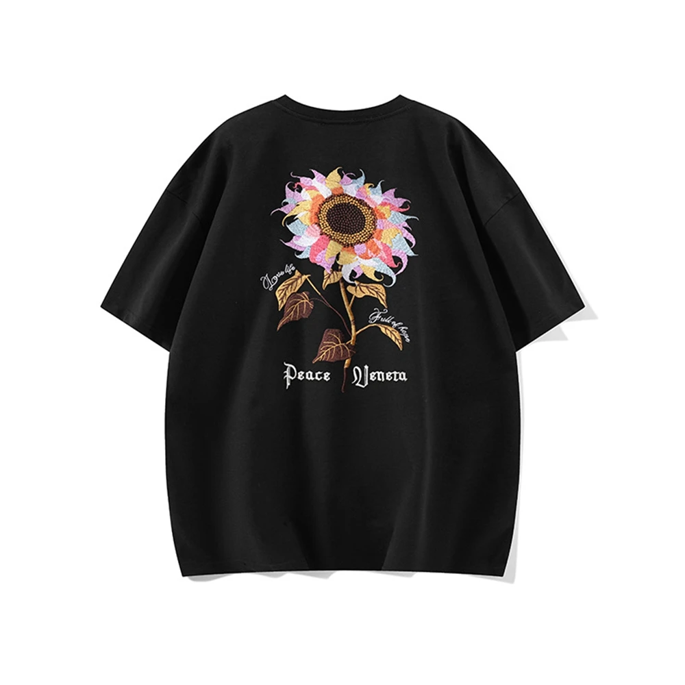 Lyprerazy Sunflower Embroidery Colorful Light Becomes Loose and Comfortable Trend Crew Neck T-shirt