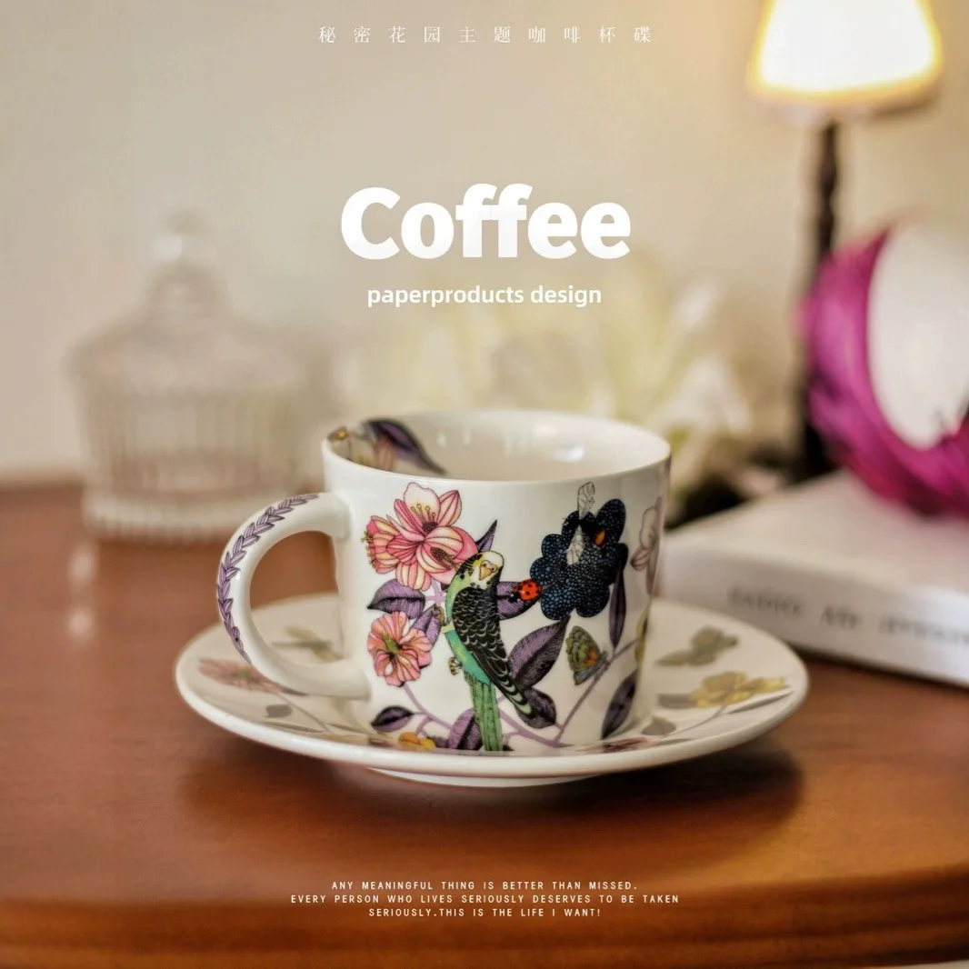 High-end Light Luxury Secret Garden Ceramic Coffee Cups Plate Exquisite Floral Bird  Household Milk Drink Water Cup Gift Box