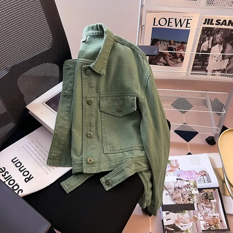 Spring Autumn Fashion Denim Short Jacket Women\'s Green Jean Coat Single-breasted Loose Outerwear Streetwear Cotton Casual Tops