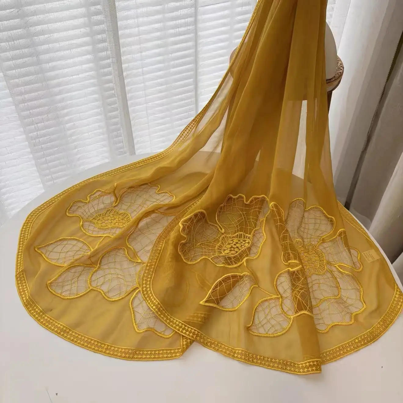 Women 100% Silk Pink Purple Yellow Sheer Scarf Large Hollow Floral Embroidery Shawl Wrap for Wedding Evening Party