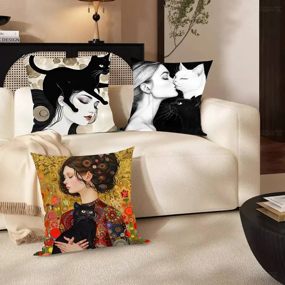 Abstract Woman Bird Cat Flower Fish Couple Pillow Case Fashion Square Pillowcase Bedroom Sofa Room Ins Decoration Leisure