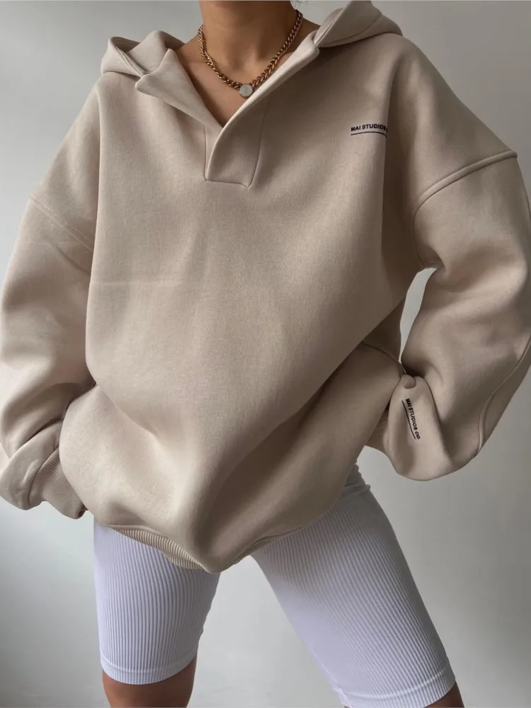 

Temperament Commuting Hoodie Women's Autumn Winter Fashion Solid Color Long Sleeved Hooded Top Lady Casual Thick Pullover Hoodie