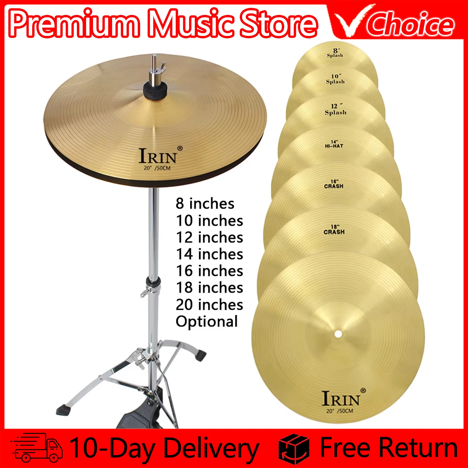 IRIN Drum Set Cymbals 8/10/12/14/16/18/20 inch Brass Cymbal Splash Crash Hi-Hat Jazz Drum Cymbal Percussion Instrument Parts