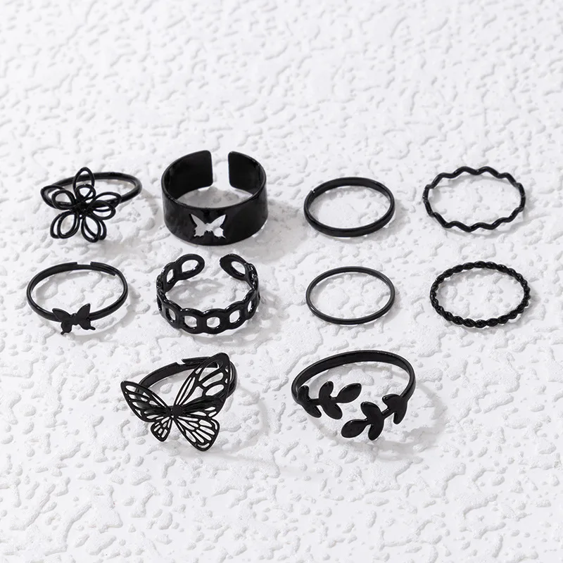 Fashion Punk 10Pcs Black Hollow Butterfly Flower Rings Set For Women Temperament Simple Aesthetic Finger Ring Goth Party Jewelry