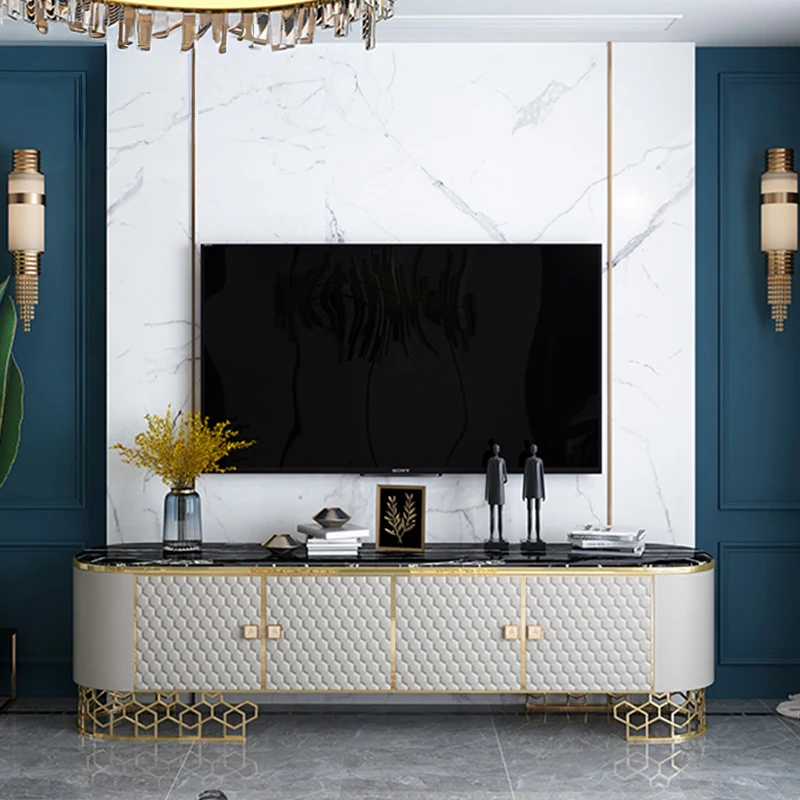 

Postmodern light luxury modern TV cabinet honeycomb hollow design stainless steel gold-plated marble living room furniture