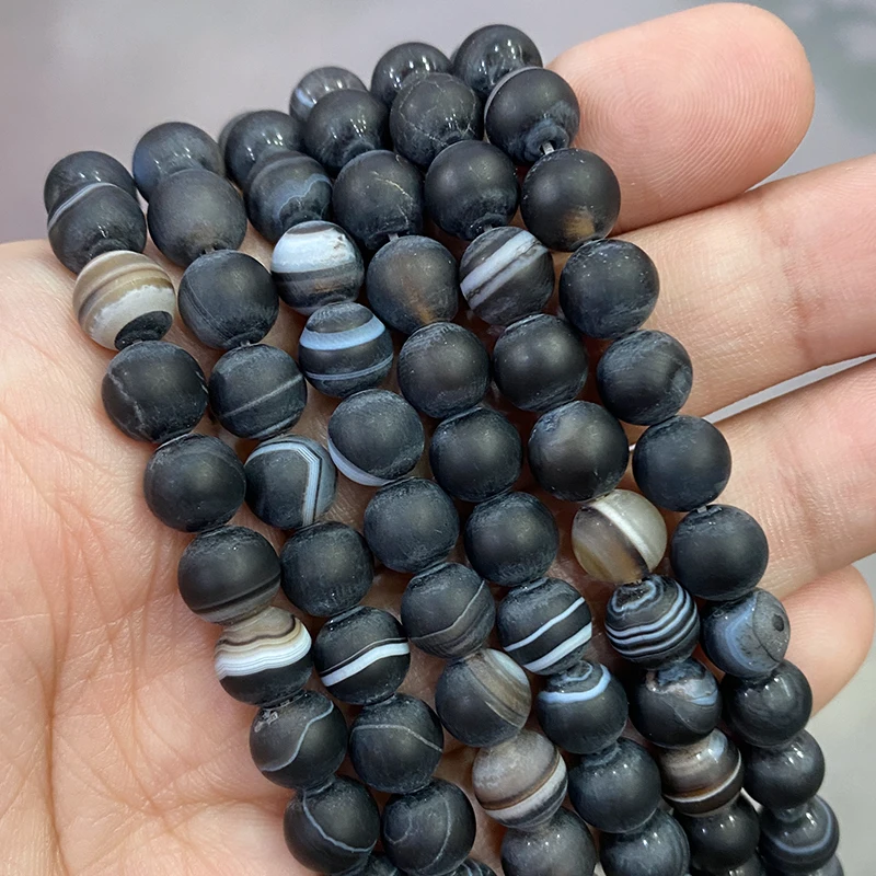Natural Matte Black Stripe Agates Banded Lace Onyx Beads Diy Bracelet Necklace for Jewelry Making 15