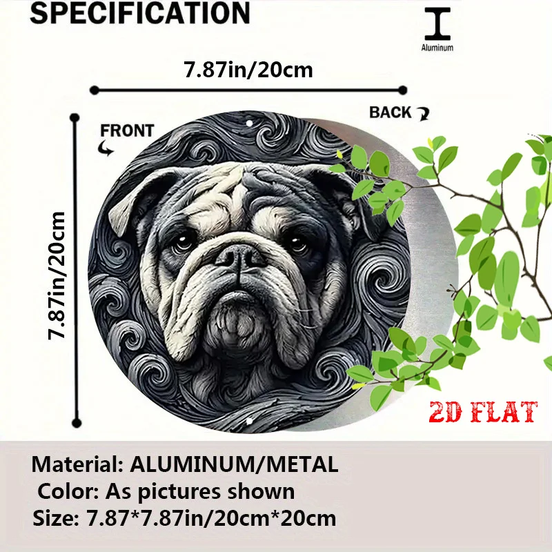 2D Flat, 1pc Vintage English Bulldog Metal Wall Decor - Black & White Retro Round Sign with Expressive Eyes, 19.81cm Heavy Fac