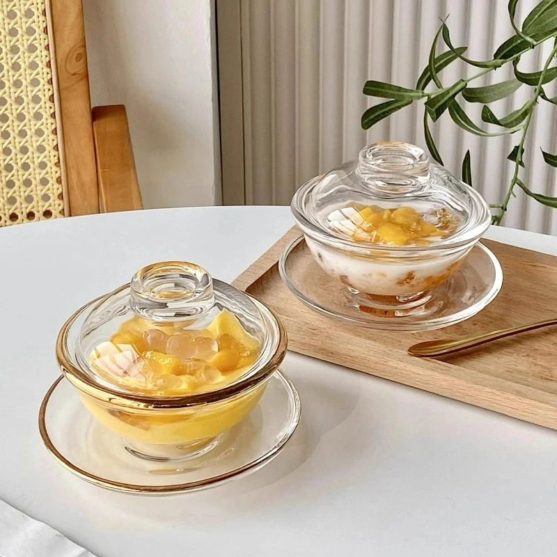 Creative Glass Bowl Simple Glass Bowls With Lid Dessert Bowl Transparent Oatmeal Breakfast Bowls Set With Saucer For Kitchen