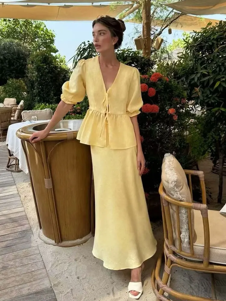 

HH летний винтажный однотонный хлопковый льняной комплект с короткими рукавами-фонариками и v-образным вырезом на шнуровке + юбка на бедрах с рыбьим хвостом, женский праздничный шикарный костюм