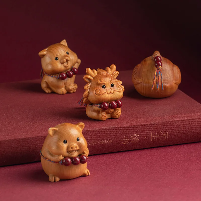 Mini Wood Carving Twelve Zodiac Ornaments Cute Mouse Ox Tiger Rabbit Dragon Snake Animal Decor Office Desktop Gift Set