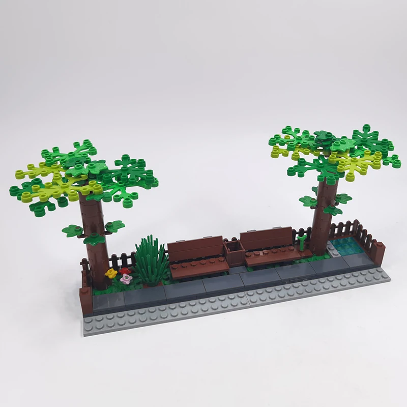 MOC Modell Urban Road Landschaft Street View Park Eine Szene Baum Bank Bausteine DIY Stadt Bau Spielzeug für Kinder – Detail 4