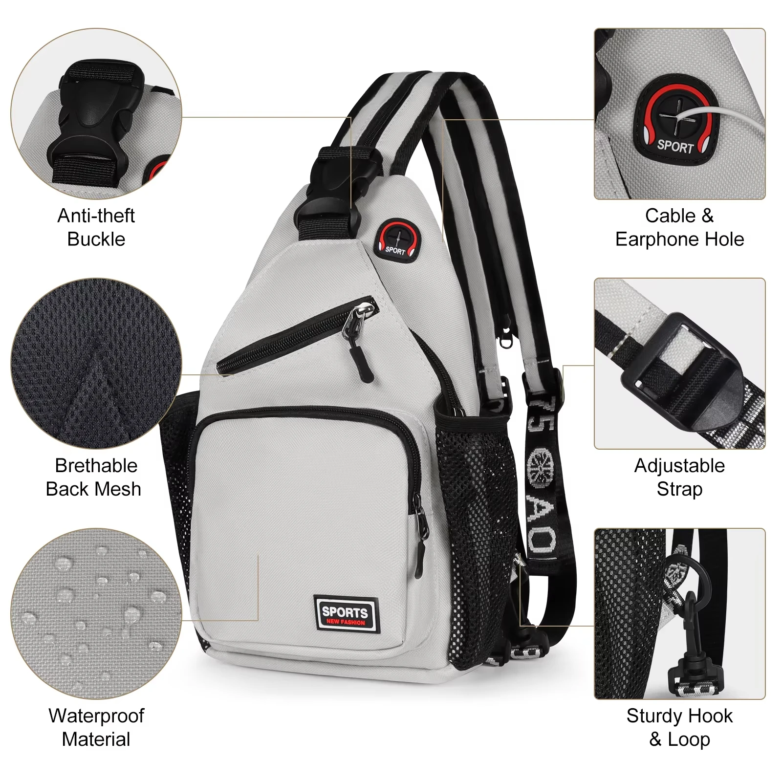 Oxford Chest Bag Men Women Crossbody Sling Bag Anti-Theft Small Travel Shoulder Bag with Earphone Hole Casual Sport Messenger Pa view 4