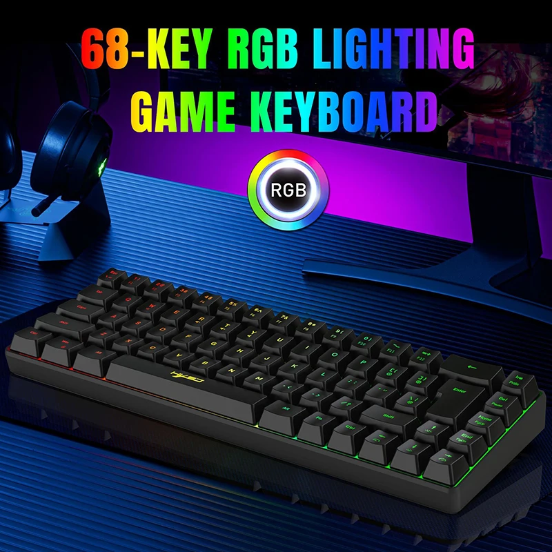 USB Compact Keyboard 68 Keys Small Transparent Shell Gaming Office Mute RGB Backlit Keyboard for PC Gamers