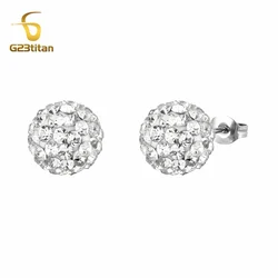 Bright White CZ Zircon Pave Clay Ball Earrings Hypoallergenic G23 Titanium Piercing Ear Jewelry Classic Women Stud Earings Gifts