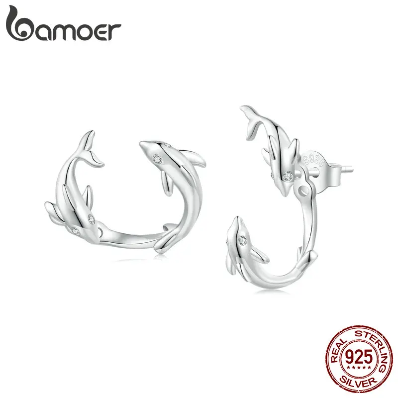 Bamoer 925 Sterling Silver Dolphin Stud Earrings Detachable Earrings for Women Party Platinum Plated Fine Jewelry BSE922