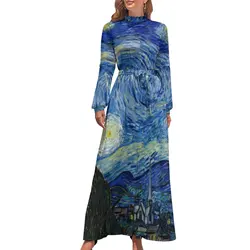 Star Van Gogh Dress The Starry Night Impressionism Street Bohemia Dresses Women Long Sleeve High Neck Elegant Long Maxi Dress