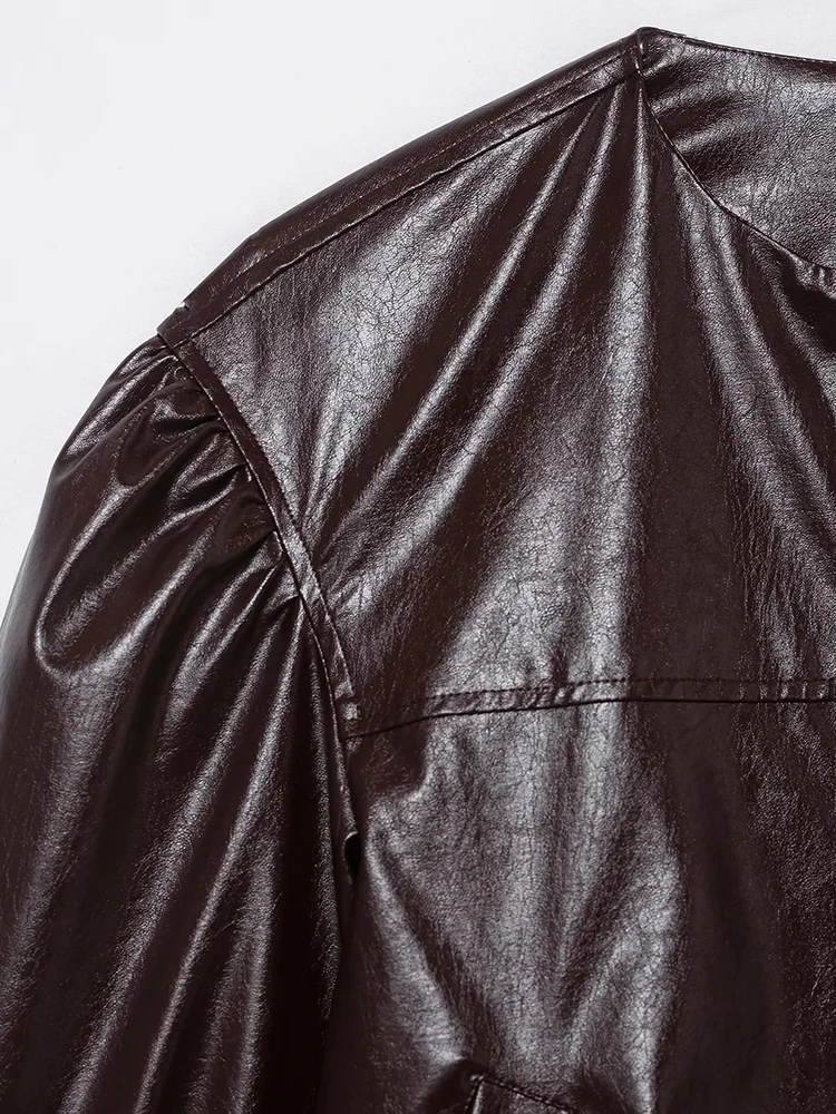 Dames nieuwe mode PU lederen motorjas dames ronde hals enkele rij knopen korte jassen herfst nieuw