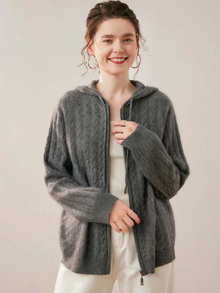 Chic Twisted Knit Sweater 100% Cashmere Cardigan Women's Autumn Winter Luxury Hooded Zipper Casual Loose Coat New Fashion Tops