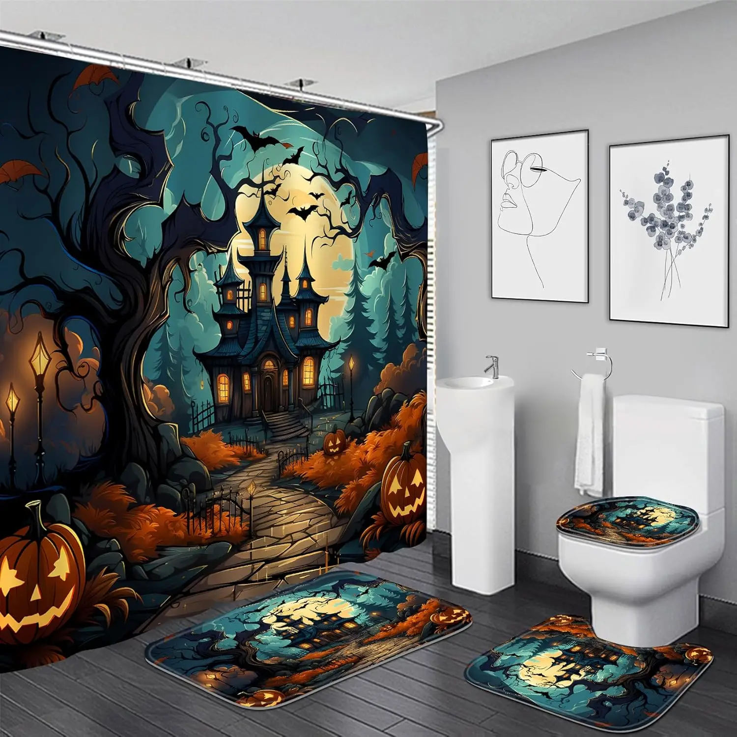 4 Pcs Halloween Shower Curtain Spooky Castle Scary Pumpkin Shower Curtain Set Horror Night Moon Bat Bathroom Sets with Shower