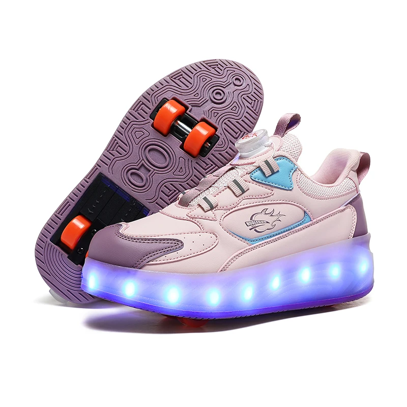 2 en 1 adultes enfants garçons filles 4 roues rechargeables lumière LED déformation coup de pied chaussures de patin à roulettes