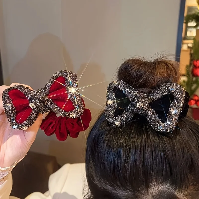 2pcs Autumn Winter Velvet Bow Scrunchie, Premium Star Full Diamond Ponytail Holder