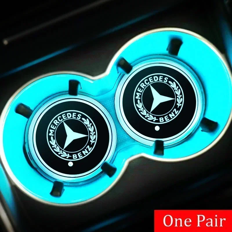 for MERCEDES BENZ LED Cup Mat Light Holder Interior USB Atmosphere Lamp Pads AMG W204 W205 W210 W211 W212 GLE Decoration Emblem